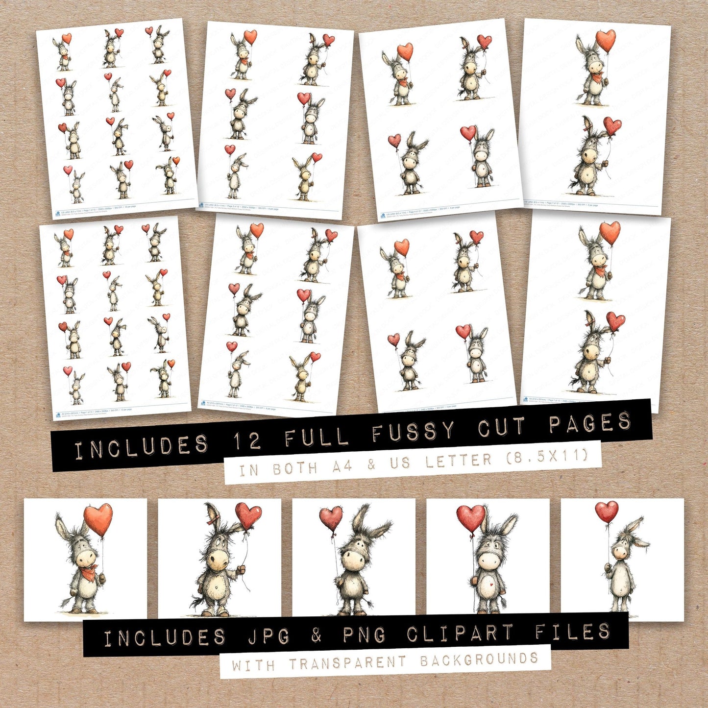 Full collection view of Tatty Donkey Heart Balloon fussy cut sheets with bonus clipart JPG and PNG files