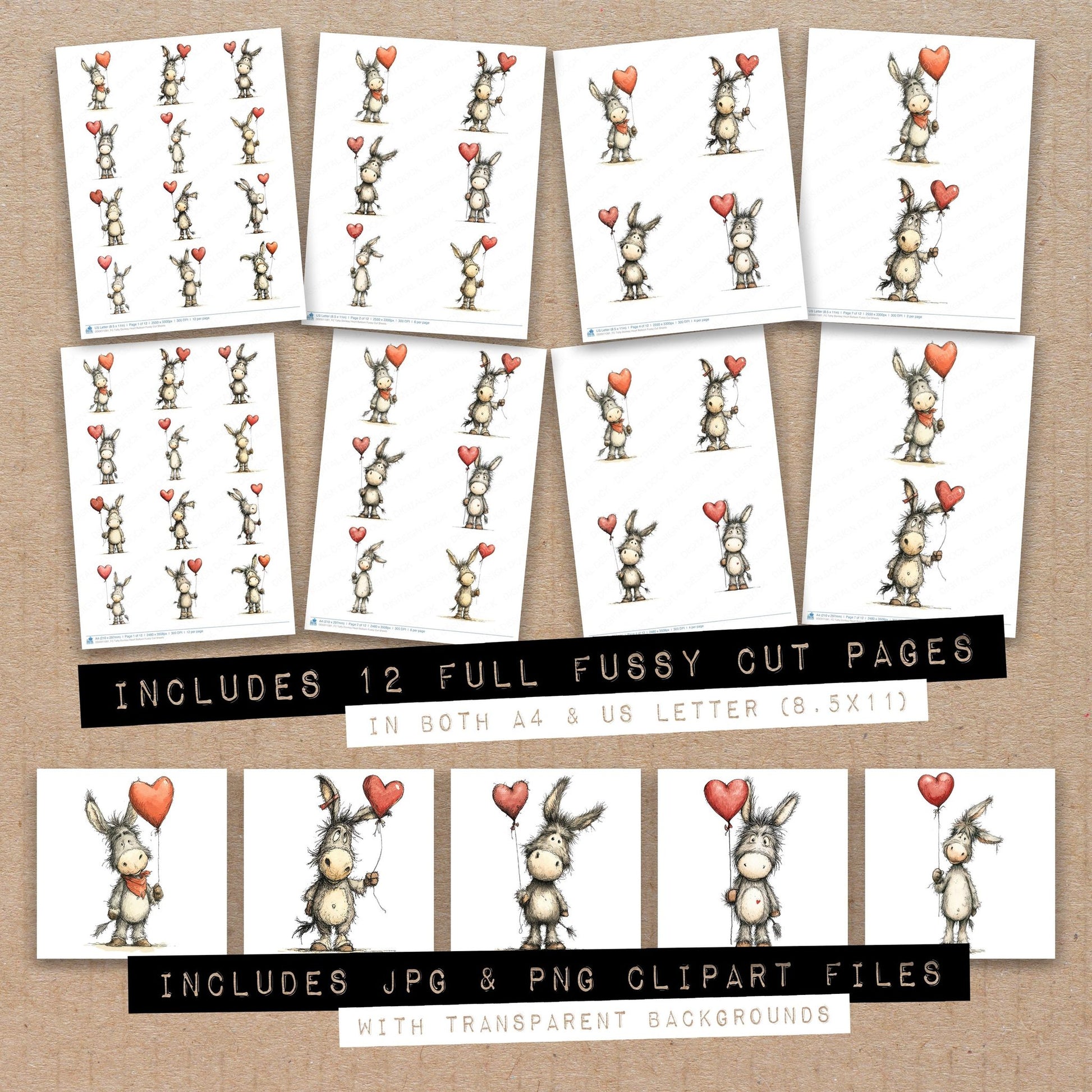 Full collection view of Tatty Donkey Heart Balloon fussy cut sheets with bonus clipart JPG and PNG files