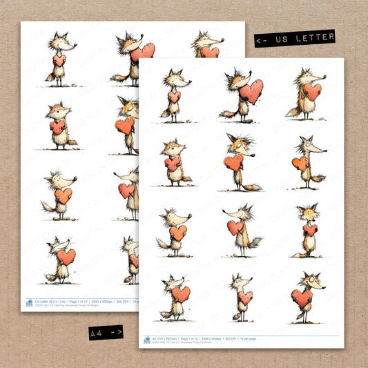 A4 and US Letter format comparison showing Tatty Fox Sweetheart fussy cut pages for print and cut crafting