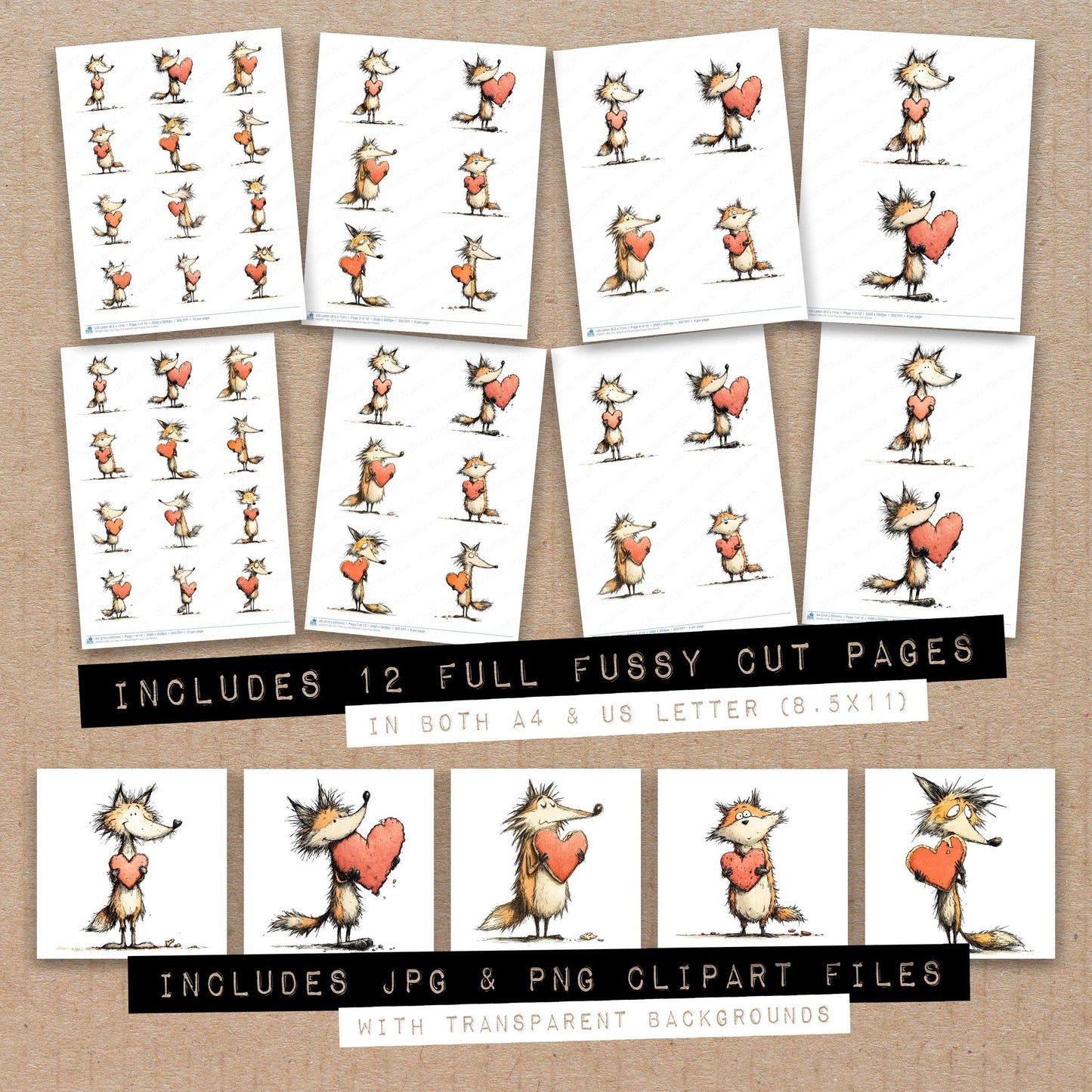 Full collection view of Tatty Fox Sweetheart fussy cut sheets with bonus clipart JPG and PNG files