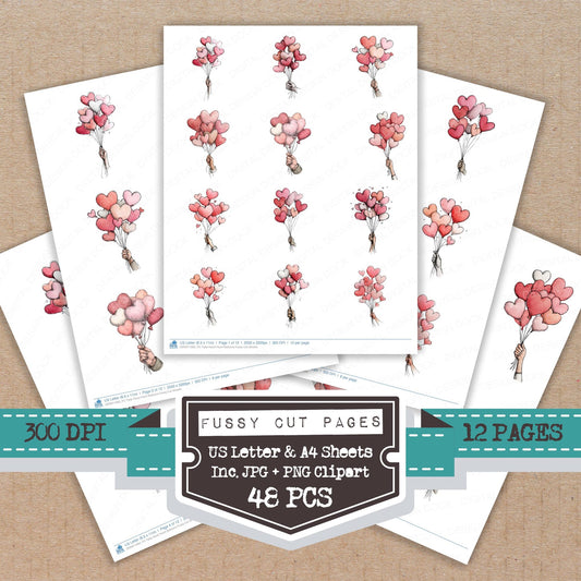 Tatty Hand Heart Balloons fussy cut printable sheets for junk journaling, scrapbooking, and paper craft projects