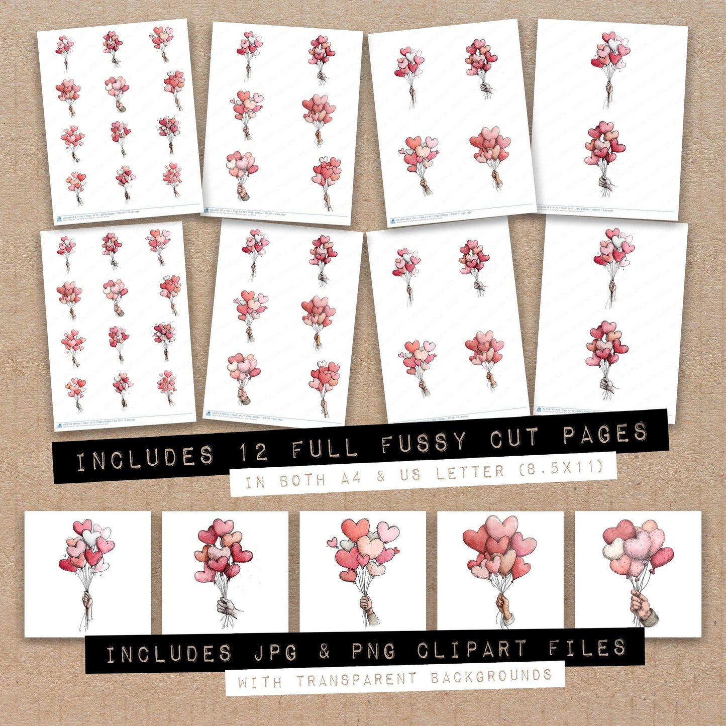 Full collection view of Tatty Hand Heart Balloons fussy cut sheets with bonus clipart JPG and PNG files