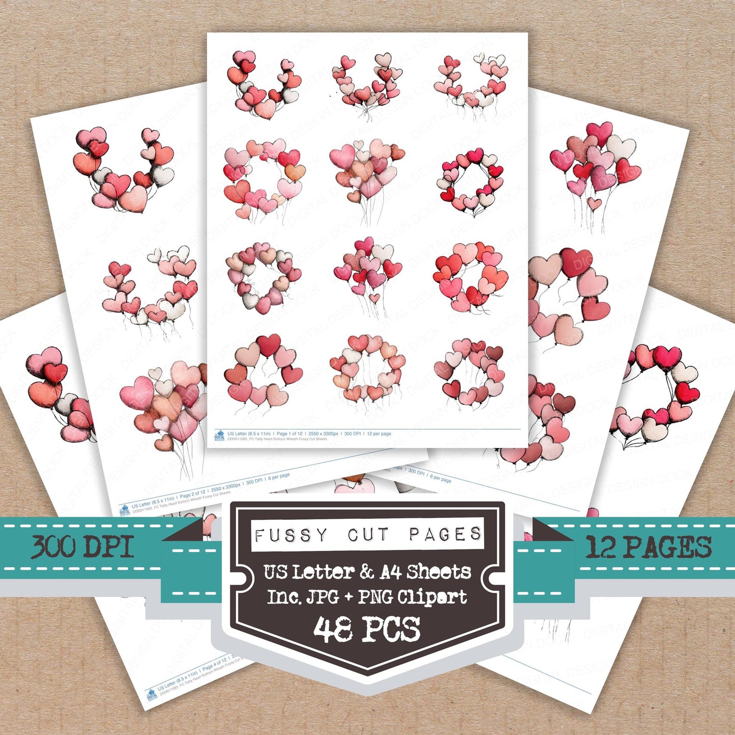 Tatty Heart Balloon Wreath fussy cut printable sheets for junk journaling, scrapbooking, and paper craft projects