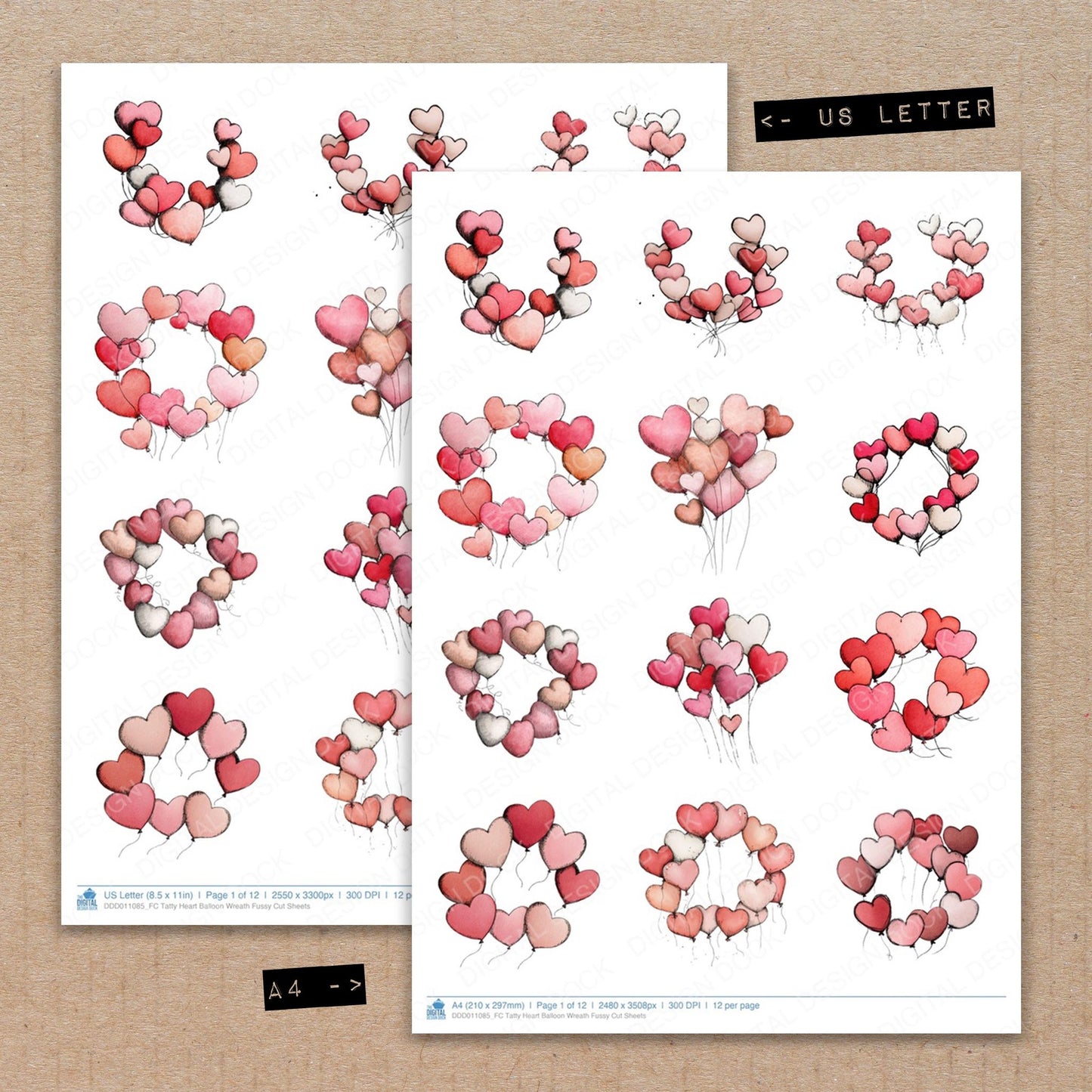 A4 and US Letter format comparison showing Tatty Heart Balloon Wreath fussy cut pages for print and cut crafting