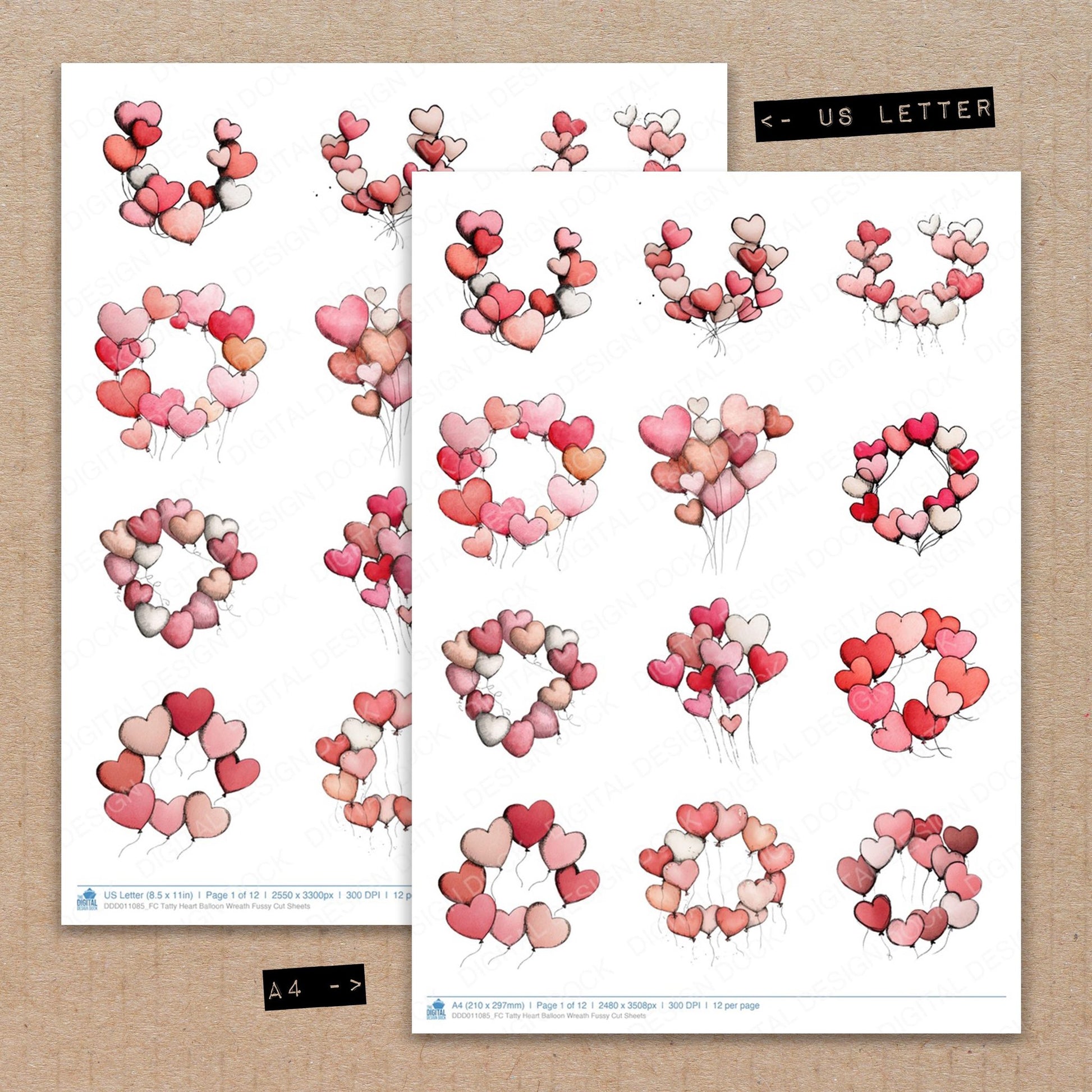 A4 and US Letter format comparison showing Tatty Heart Balloon Wreath fussy cut pages for print and cut crafting