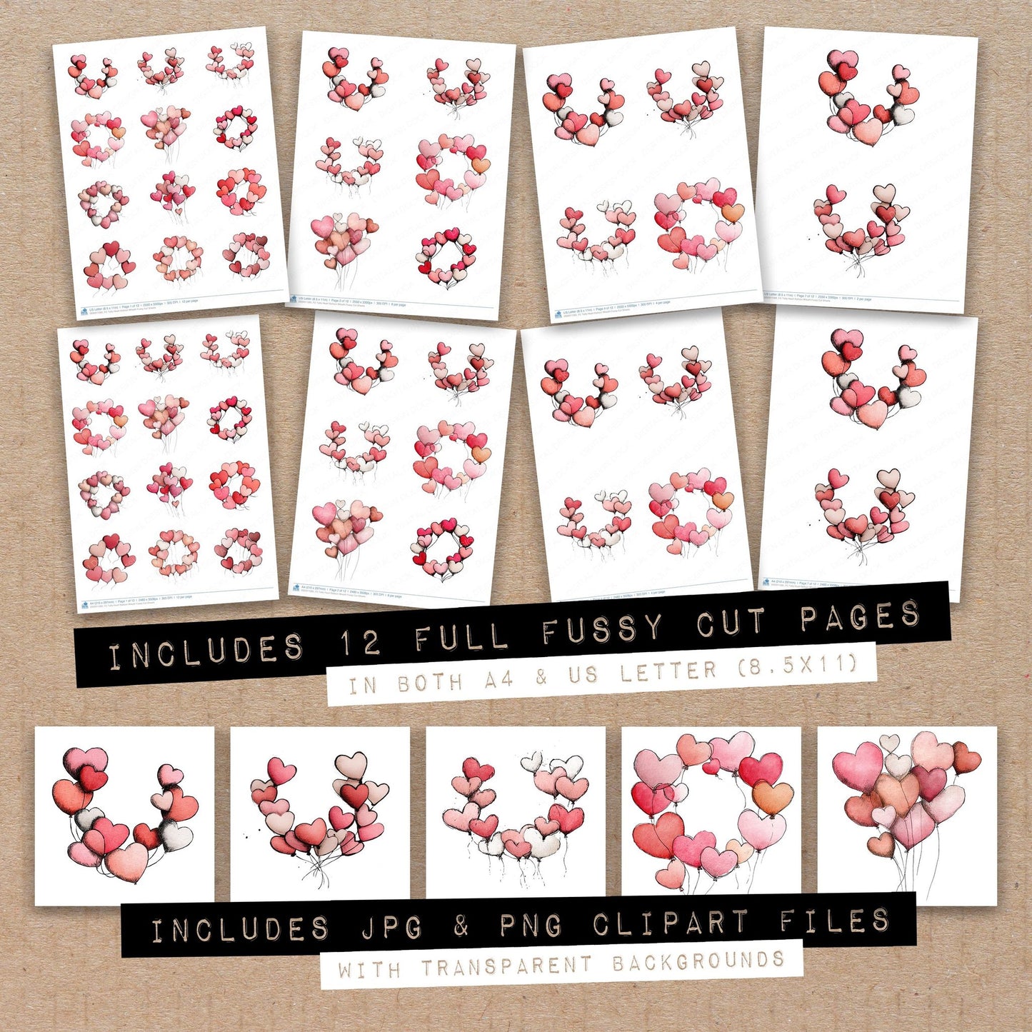 Full collection view of Tatty Heart Balloon Wreath fussy cut sheets with bonus clipart JPG and PNG files