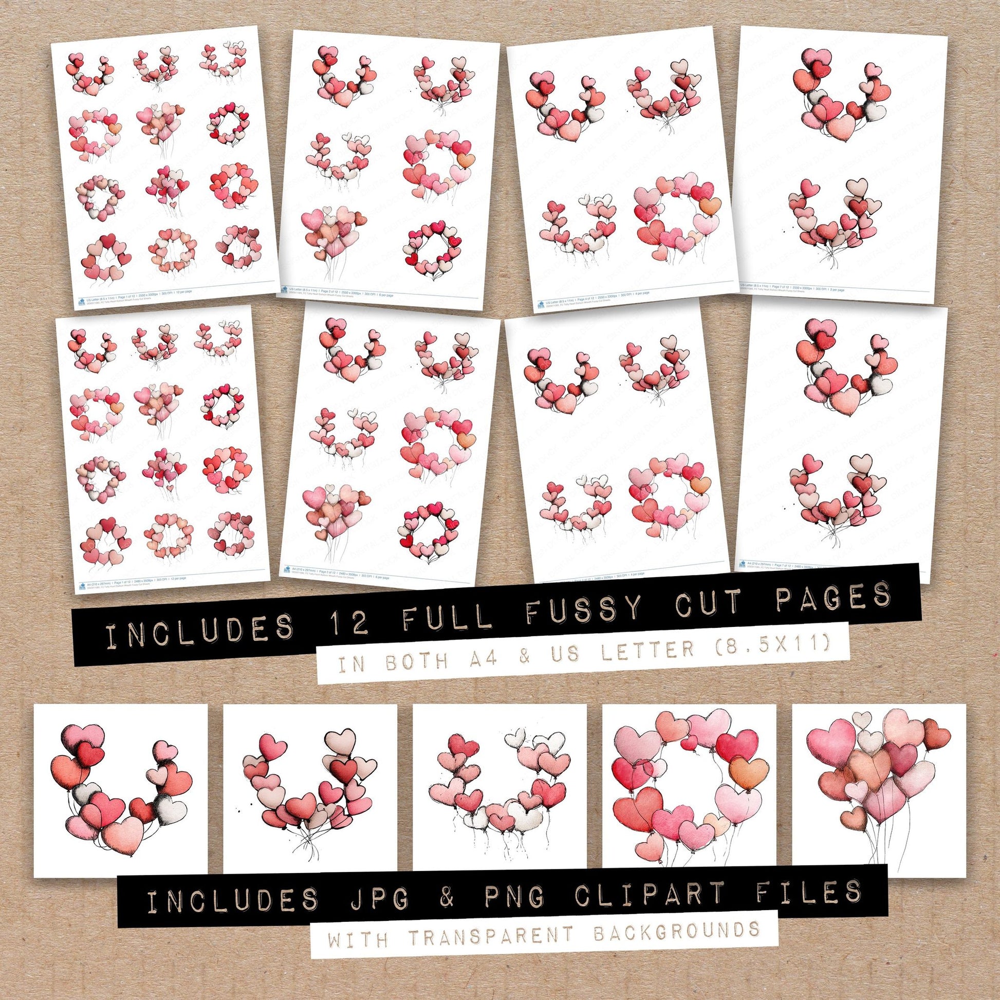 Full collection view of Tatty Heart Balloon Wreath fussy cut sheets with bonus clipart JPG and PNG files