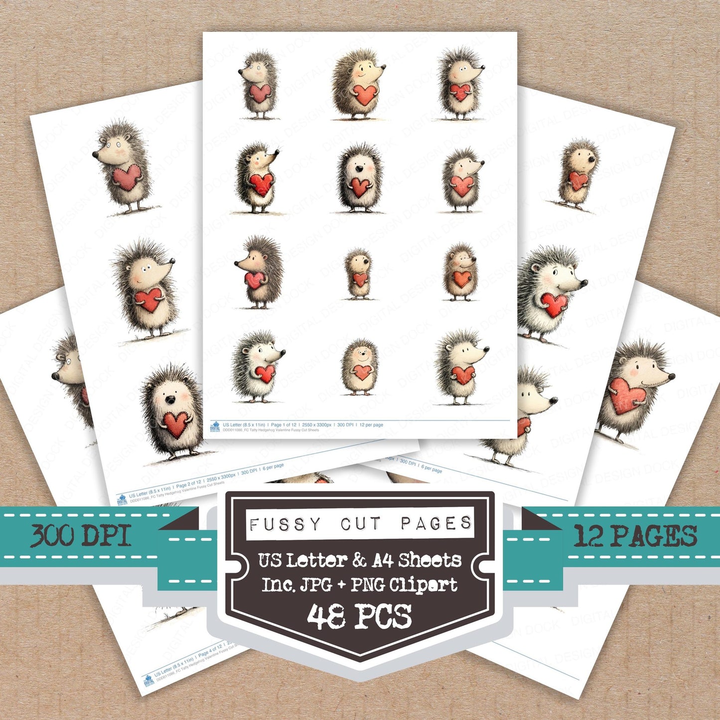 Tatty Hedgehog Valentine fussy cut printable sheets for junk journaling, scrapbooking, and paper craft projects