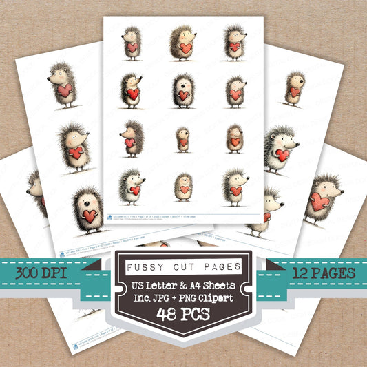 Tatty Hedgehog Valentine fussy cut printable sheets for junk journaling, scrapbooking, and paper craft projects