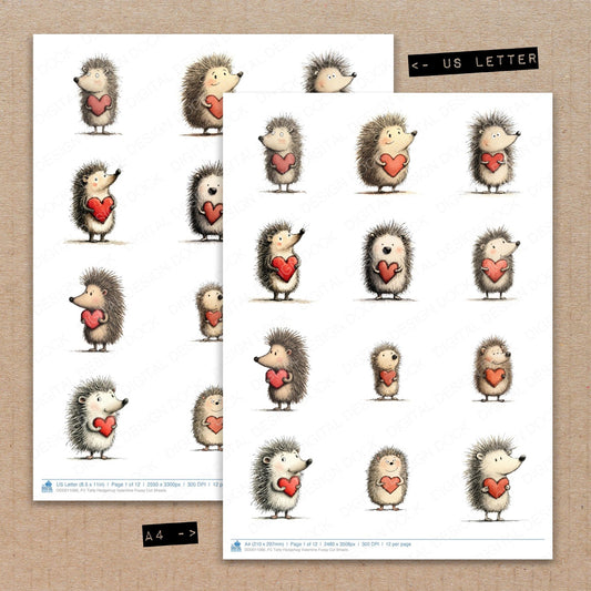 A4 and US Letter format comparison showing Tatty Hedgehog Valentine fussy cut pages for print and cut crafting
