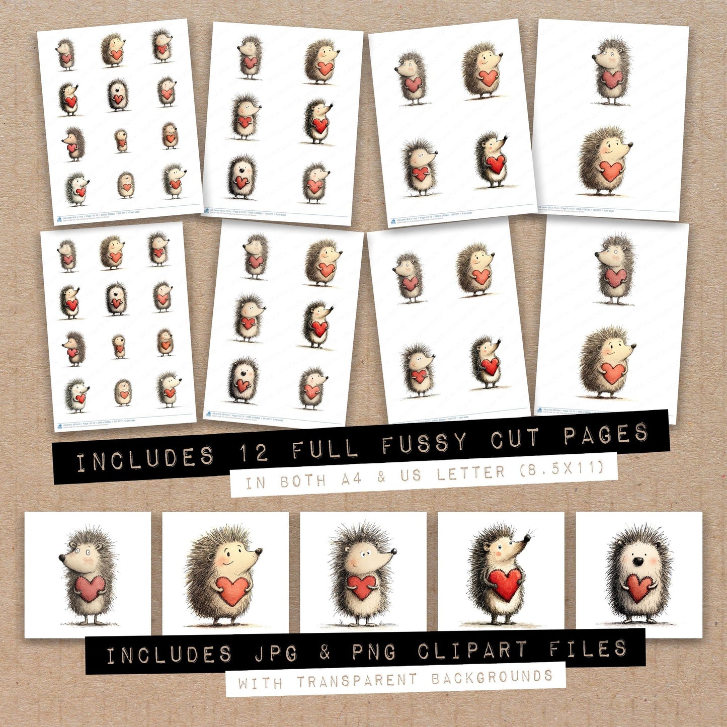Full collection view of Tatty Hedgehog Valentine fussy cut sheets with bonus clipart JPG and PNG files