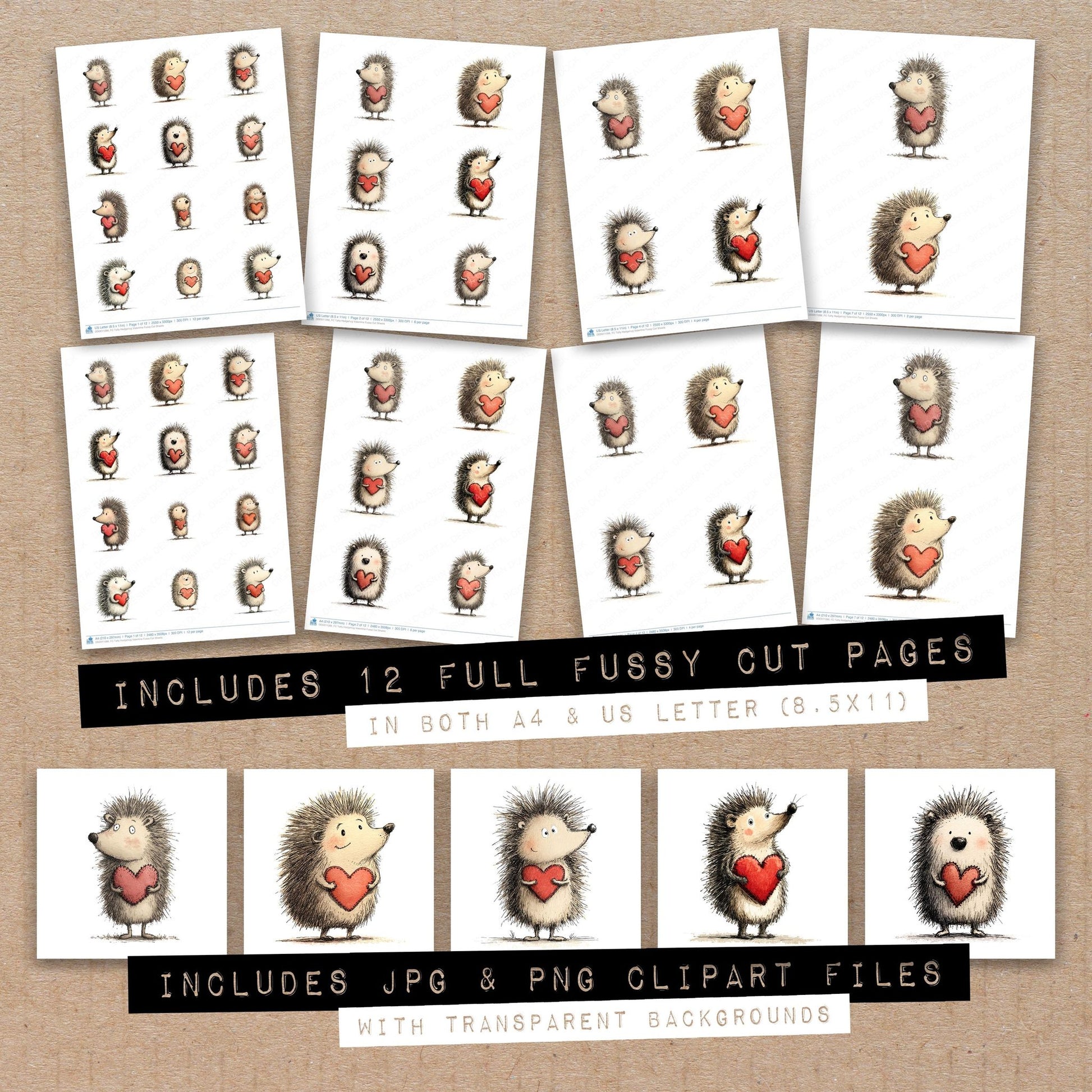 Full collection view of Tatty Hedgehog Valentine fussy cut sheets with bonus clipart JPG and PNG files