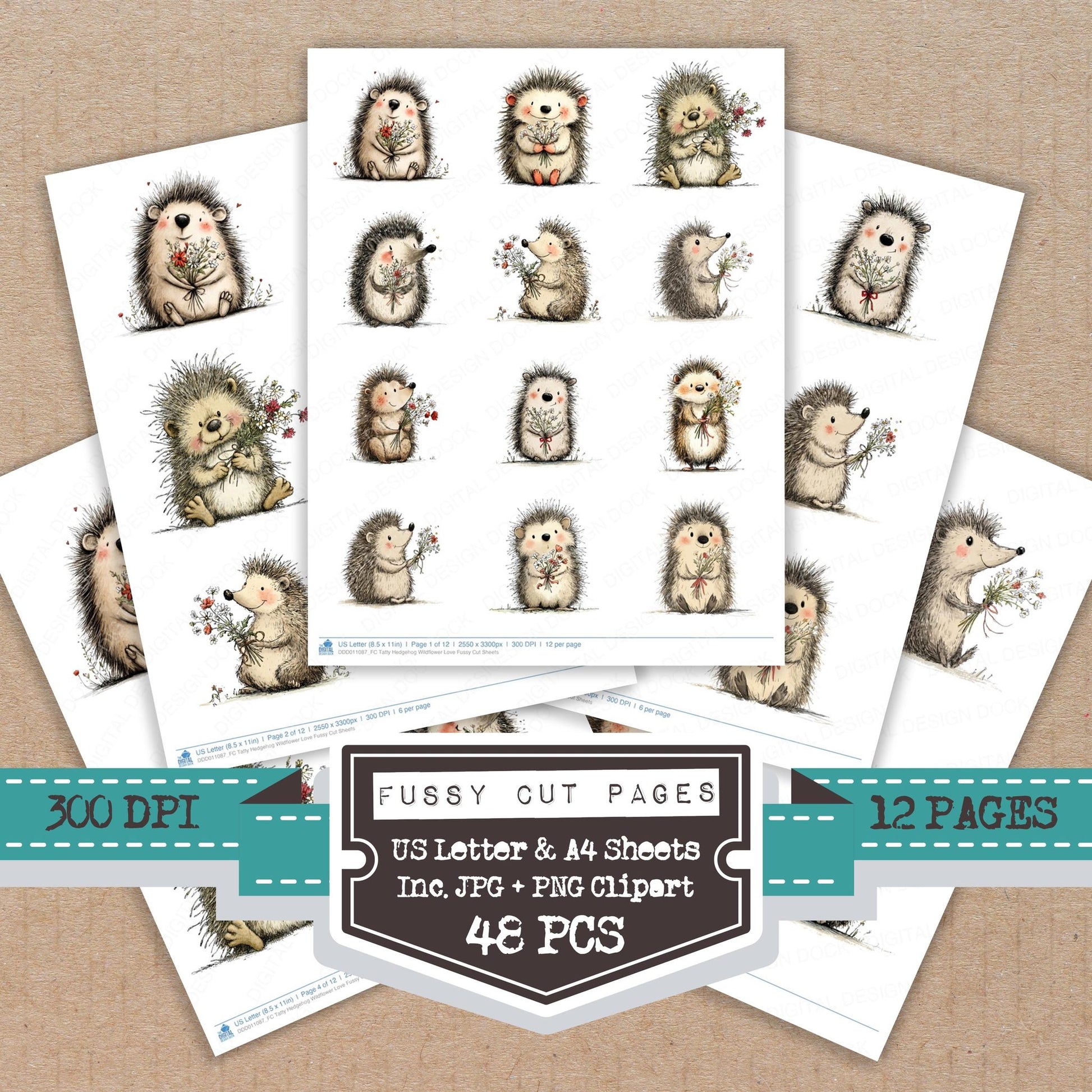Tatty Hedgehog Wildflower Love fussy cut printable sheets for junk journaling, scrapbooking, and paper craft projects