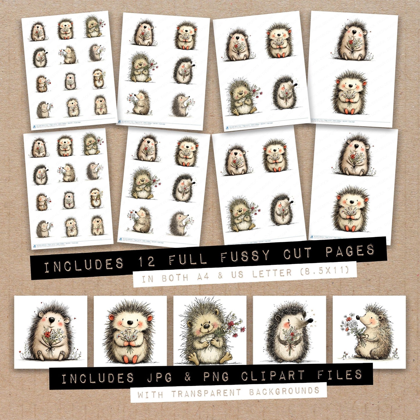 Full collection view of Tatty Hedgehog Wildflower Love fussy cut sheets with bonus clipart JPG and PNG files