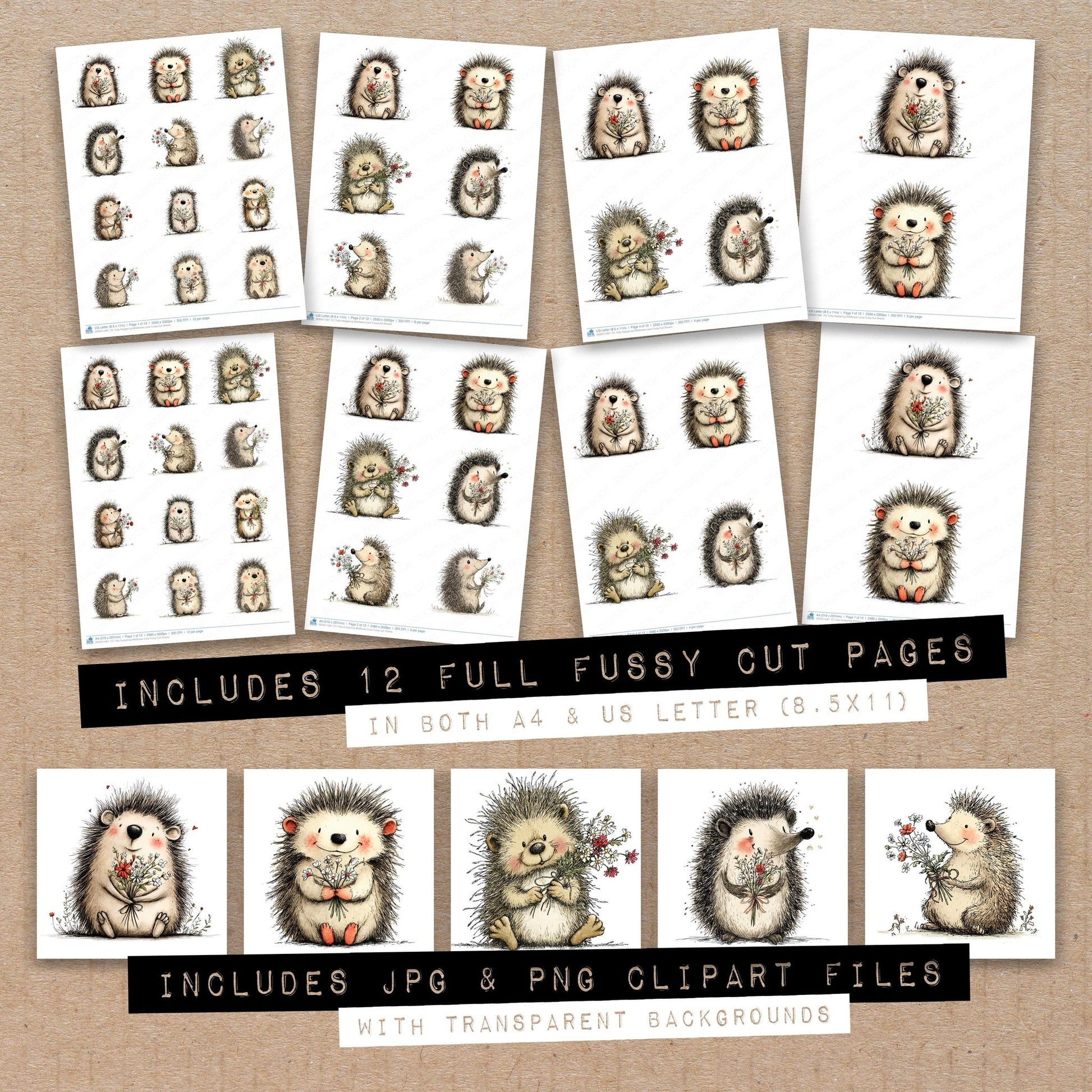 Full collection view of Tatty Hedgehog Wildflower Love fussy cut sheets with bonus clipart JPG and PNG files