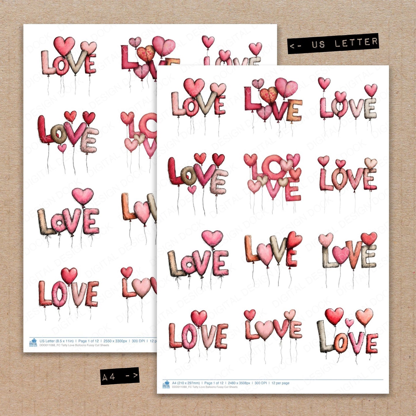 A4 and US Letter format comparison showing Tatty Love Balloons fussy cut pages for print and cut crafting