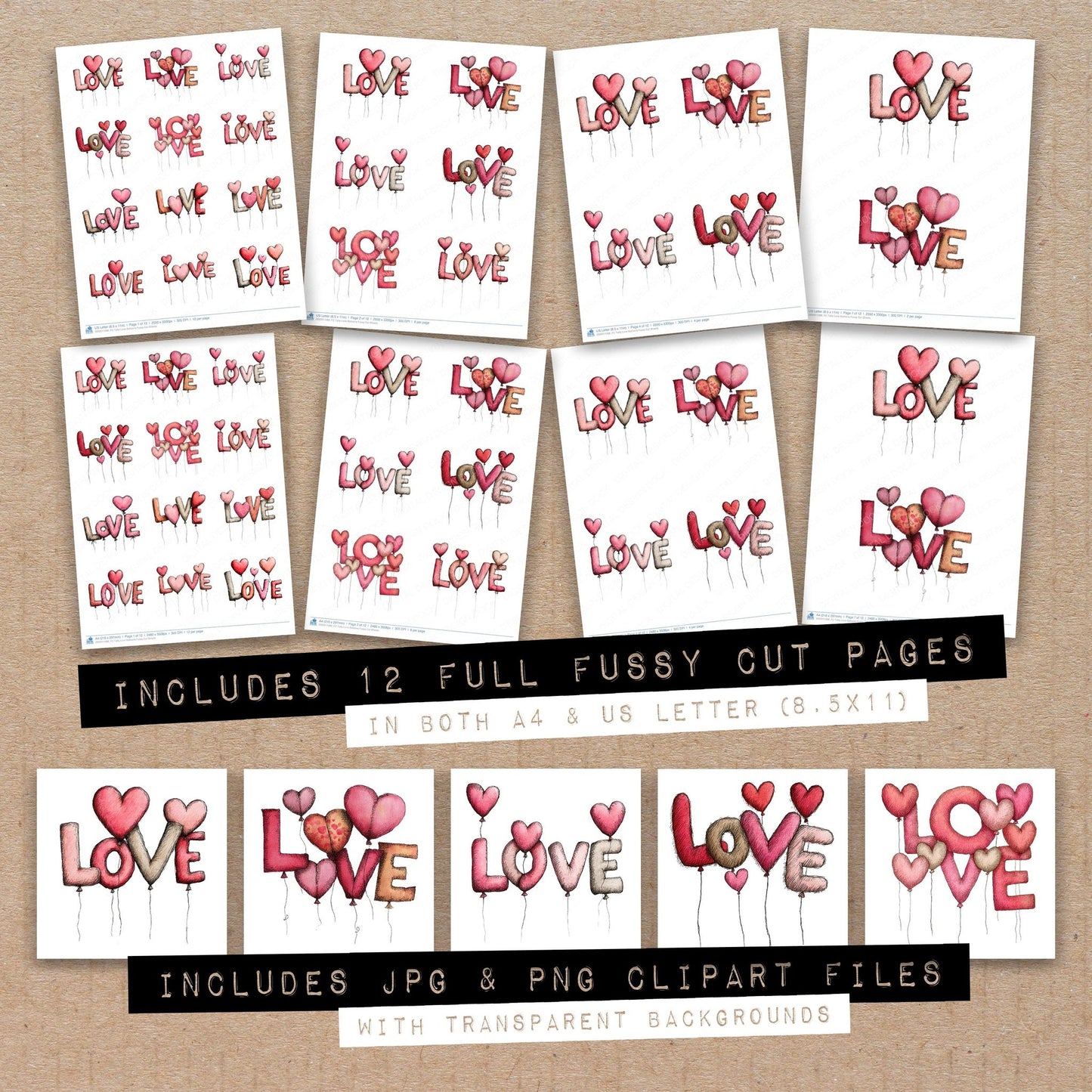 Full collection view of Tatty Love Balloons fussy cut sheets with bonus clipart JPG and PNG files