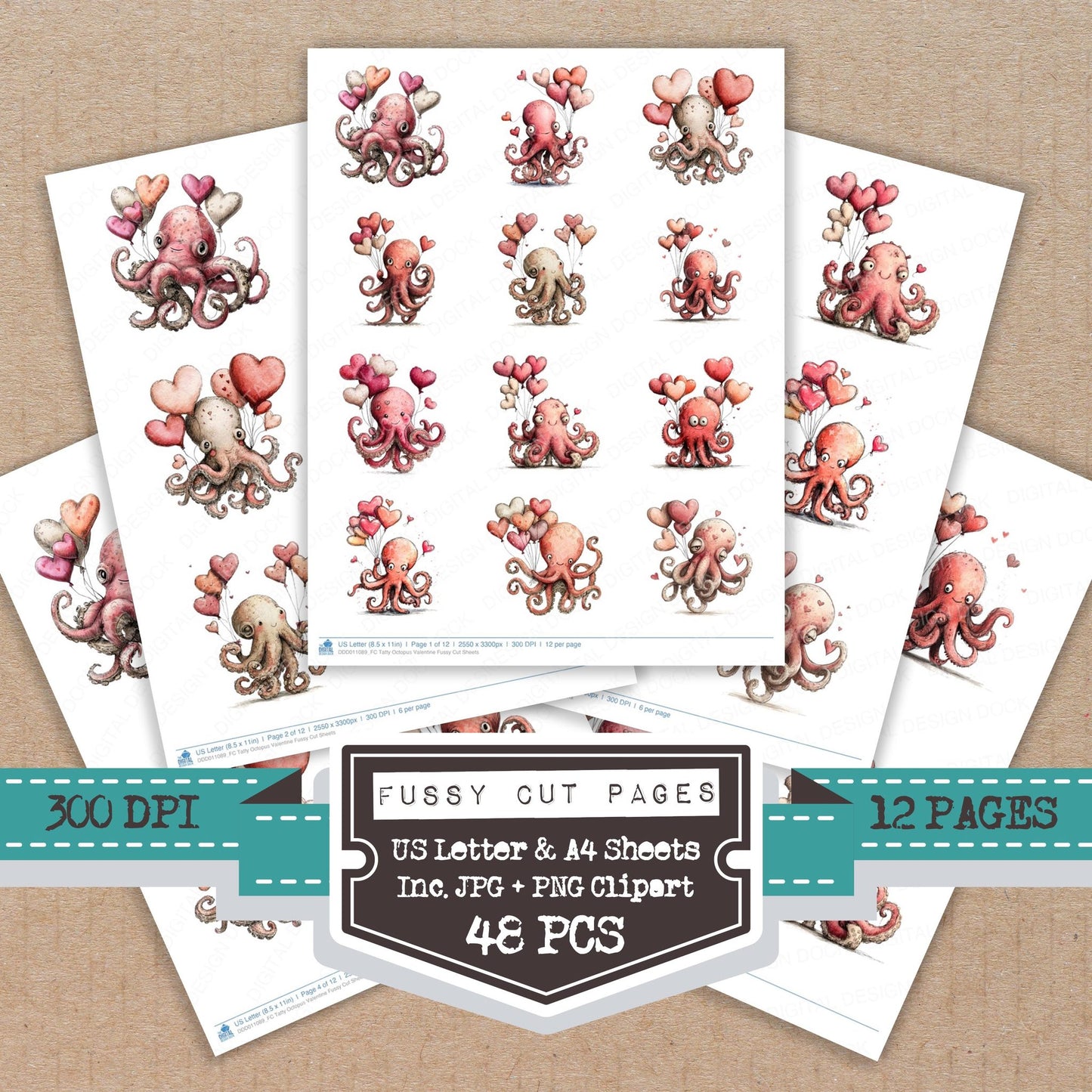 Tatty Octopus Valentine fussy cut printable sheets for junk journaling, scrapbooking, and paper craft projects