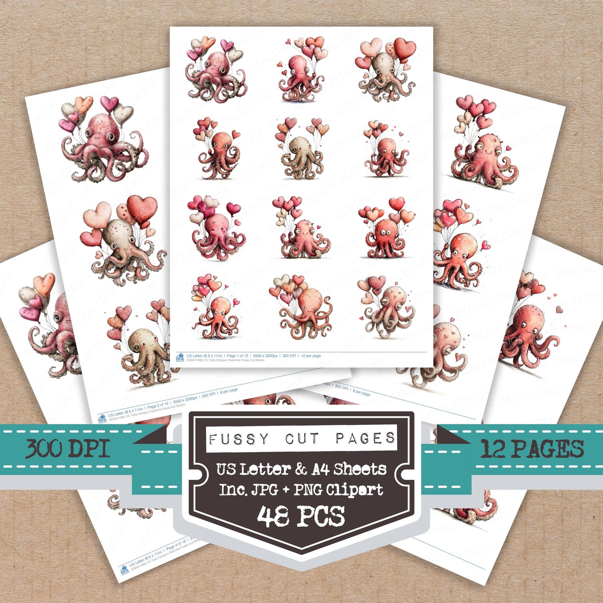 Tatty Octopus Valentine fussy cut printable sheets for junk journaling, scrapbooking, and paper craft projects