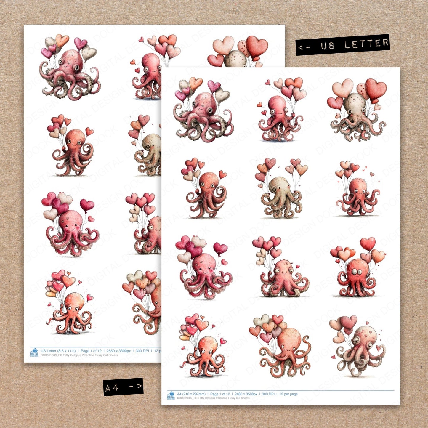 A4 and US Letter format comparison showing Tatty Octopus Valentine fussy cut pages for print and cut crafting