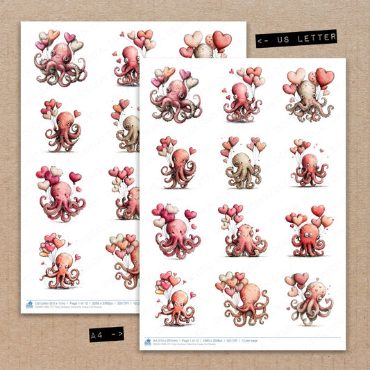 A4 and US Letter format comparison showing Tatty Octopus Valentine fussy cut pages for print and cut crafting