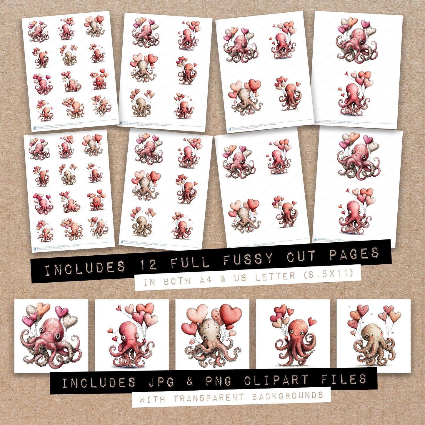 Full collection view of Tatty Octopus Valentine fussy cut sheets with bonus clipart JPG and PNG files
