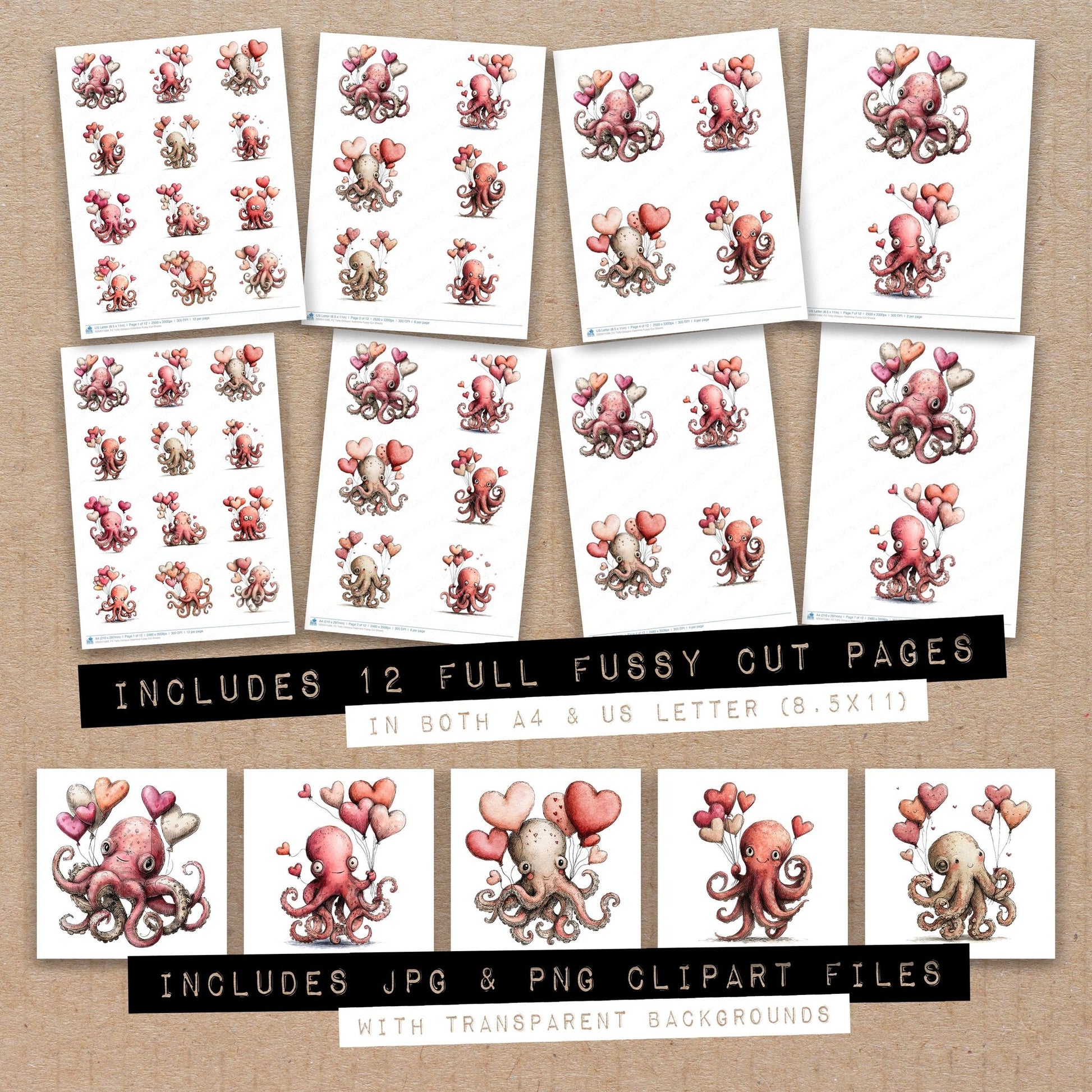 Full collection view of Tatty Octopus Valentine fussy cut sheets with bonus clipart JPG and PNG files