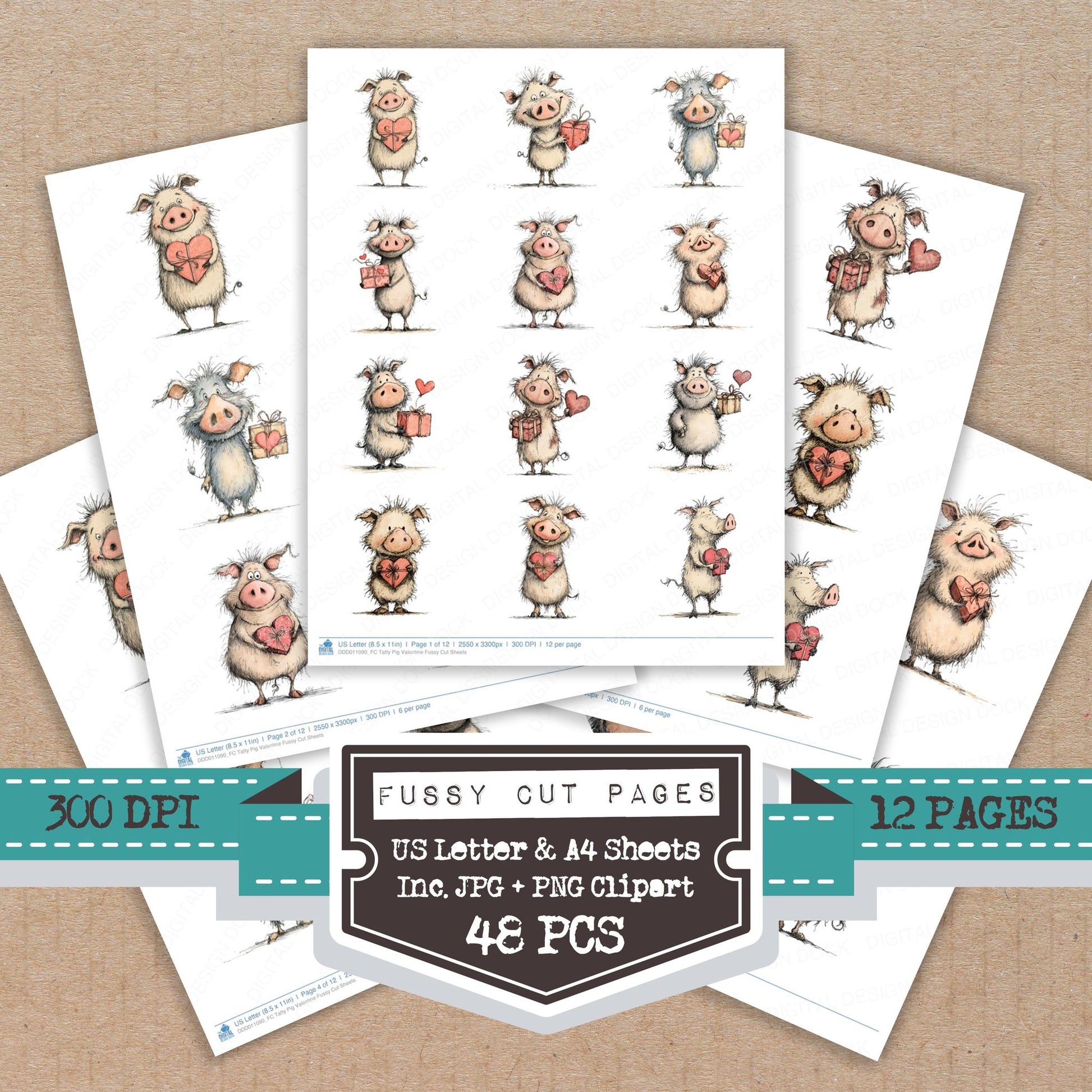 Tatty Pig Valentine fussy cut printable sheets for junk journaling, scrapbooking, and paper craft projects