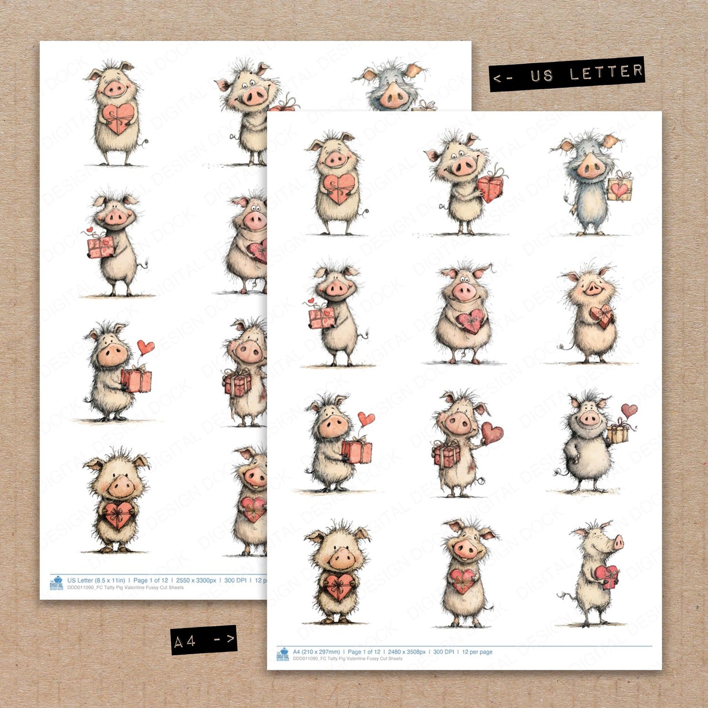 A4 and US Letter format comparison showing Tatty Pig Valentine fussy cut pages for print and cut crafting