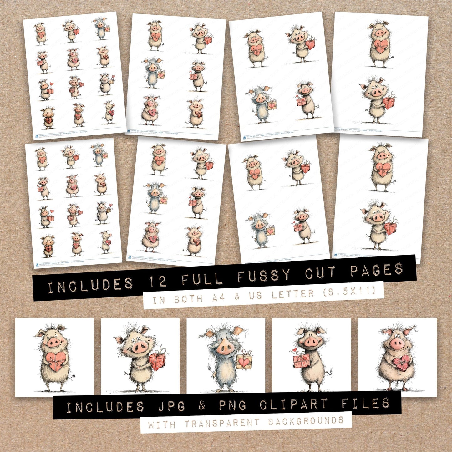 Full collection view of Tatty Pig Valentine fussy cut sheets with bonus clipart JPG and PNG files