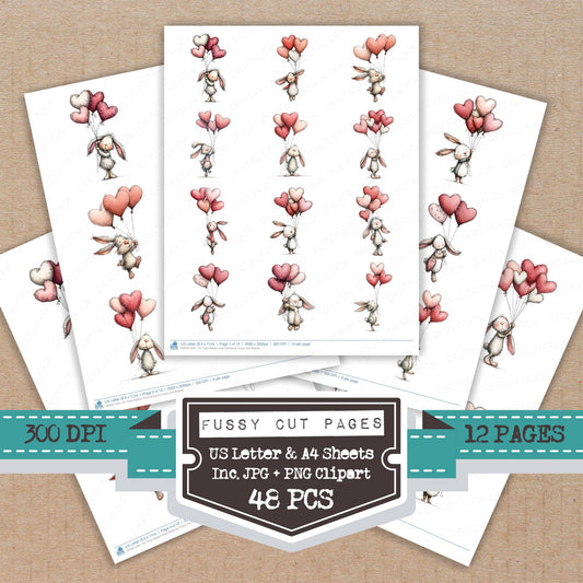 Tatty Rabbit Heart Balloons fussy cut printable sheets for junk journaling, scrapbooking, and paper craft projects