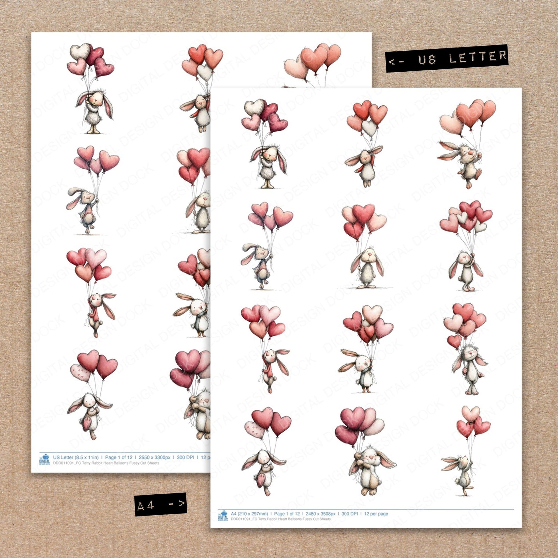 A4 and US Letter format comparison showing Tatty Rabbit Heart Balloons fussy cut pages for print and cut crafting