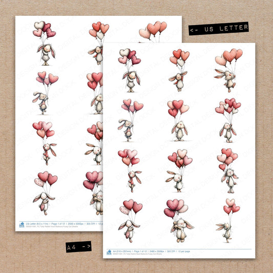 A4 and US Letter format comparison showing Tatty Rabbit Heart Balloons fussy cut pages for print and cut crafting