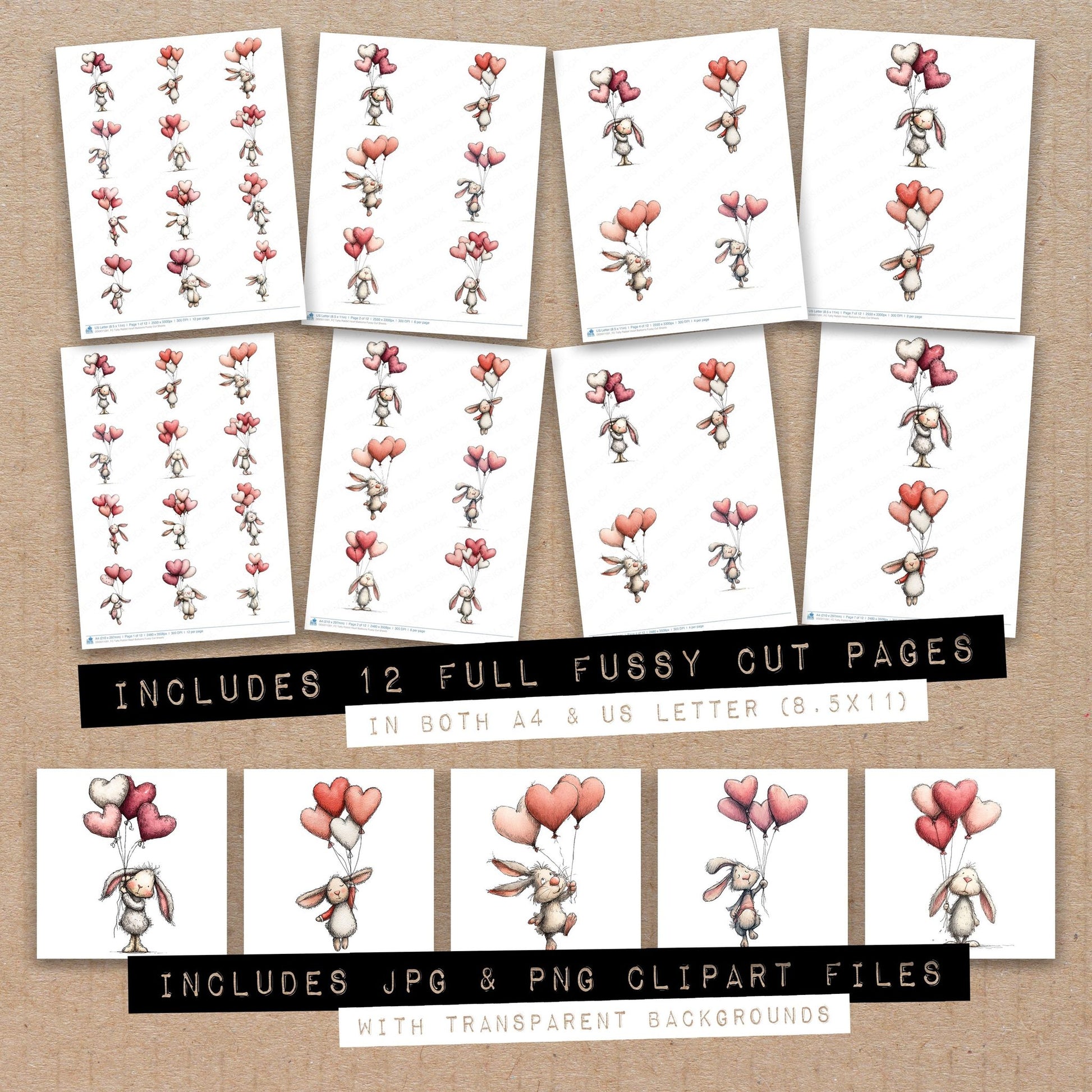Full collection view of Tatty Rabbit Heart Balloons fussy cut sheets with bonus clipart JPG and PNG files