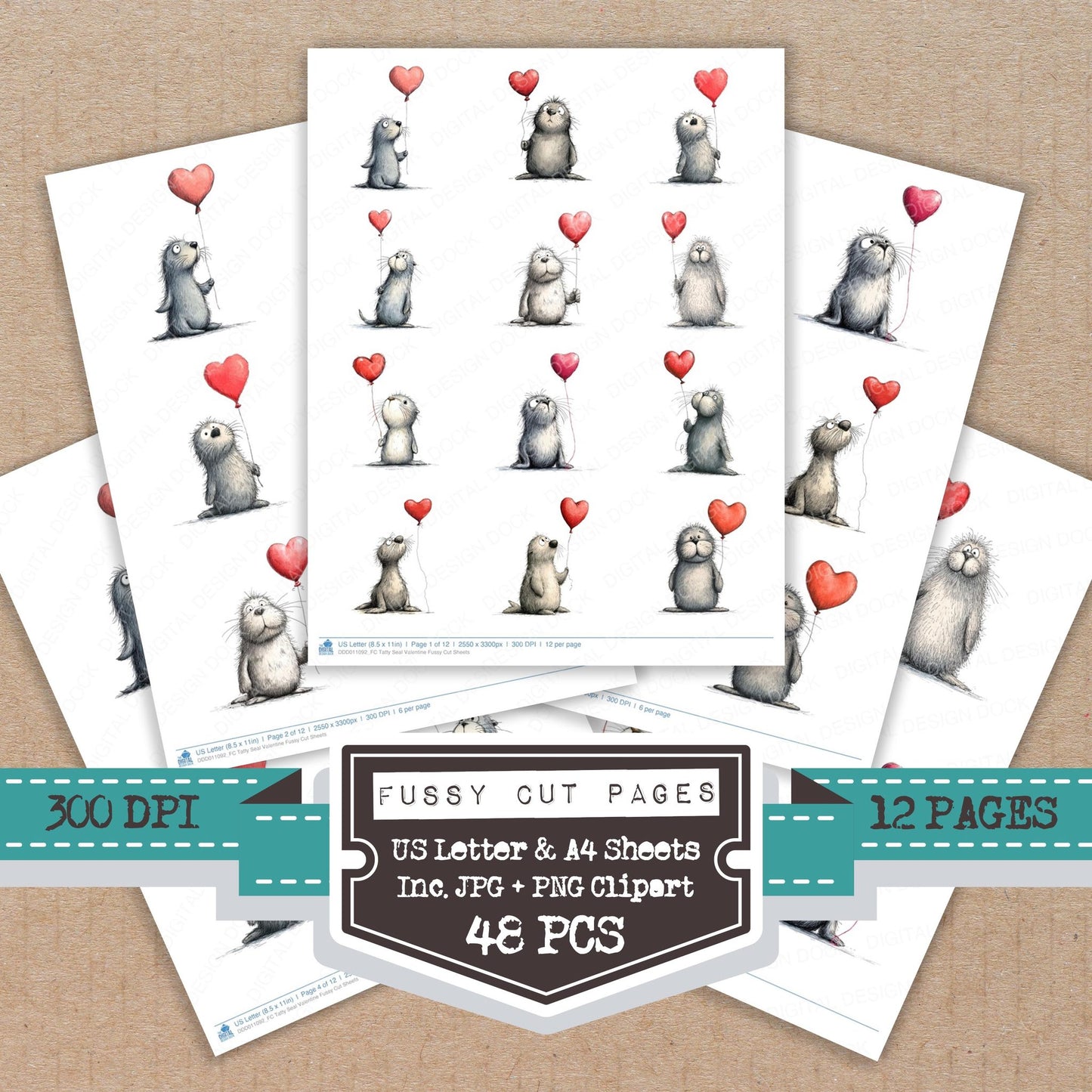 Tatty Seal Valentine fussy cut printable sheets for junk journaling, scrapbooking, and paper craft projects