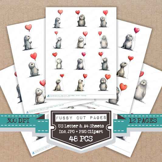 Tatty Seal Valentine fussy cut printable sheets for junk journaling, scrapbooking, and paper craft projects