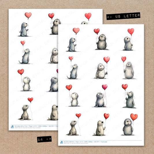 A4 and US Letter format comparison showing Tatty Seal Valentine fussy cut pages for print and cut crafting