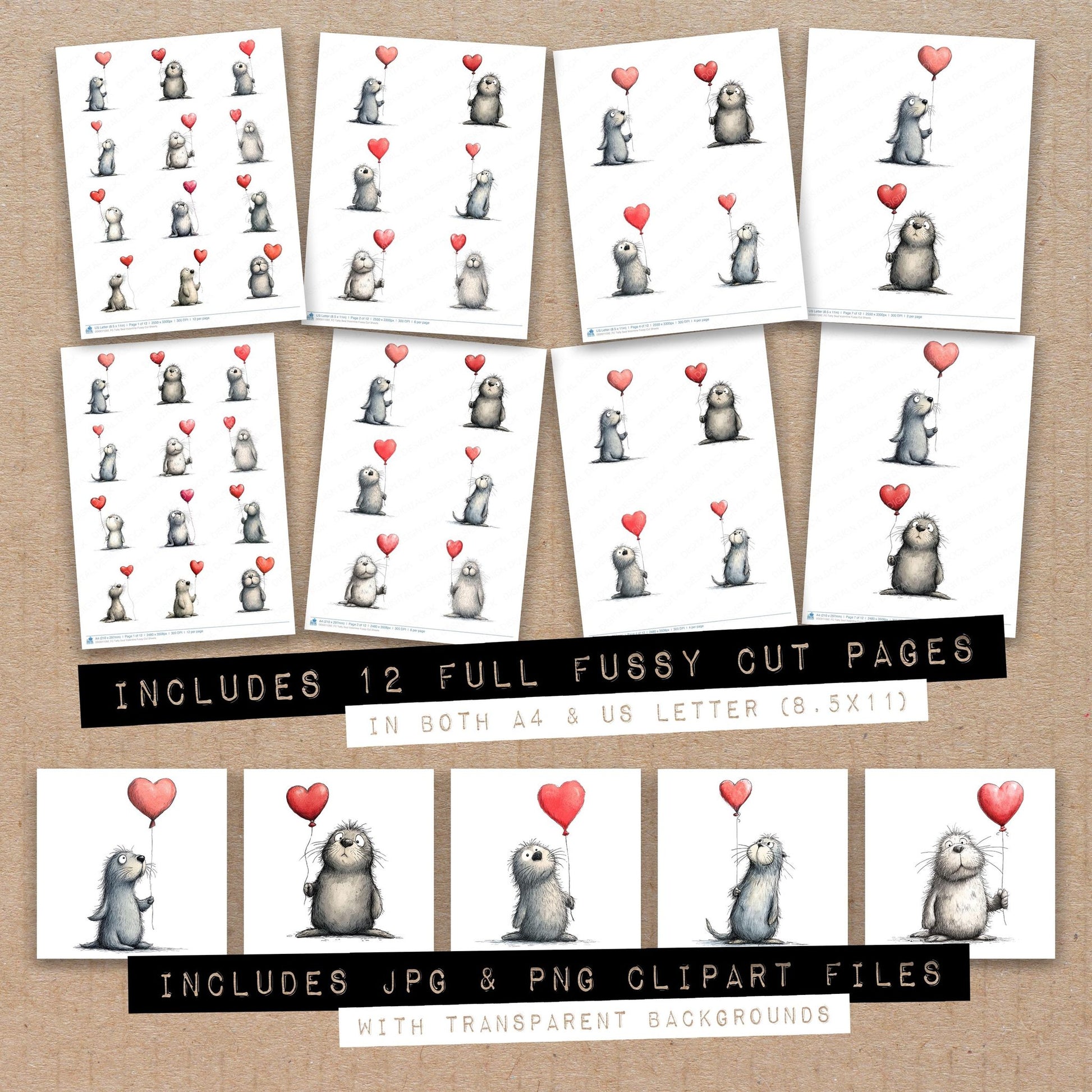 Full collection view of Tatty Seal Valentine fussy cut sheets with bonus clipart JPG and PNG files