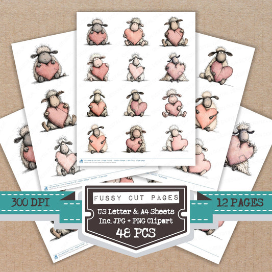 Tatty Sheep Heart fussy cut printable sheets for junk journaling, scrapbooking, and paper craft projects