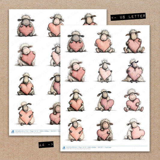 A4 and US Letter format comparison showing Tatty Sheep Heart fussy cut pages for print and cut crafting
