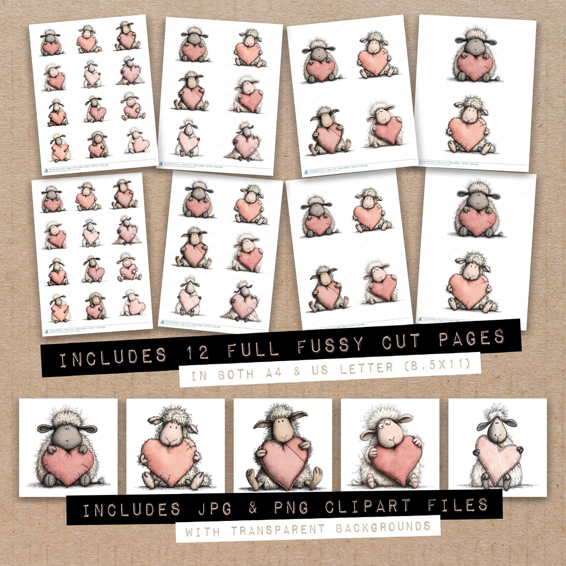 Full collection view of Tatty Sheep Heart fussy cut sheets with bonus clipart JPG and PNG files