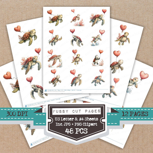 Tatty Turtle Love fussy cut printable sheets for junk journaling, scrapbooking, and paper craft projects