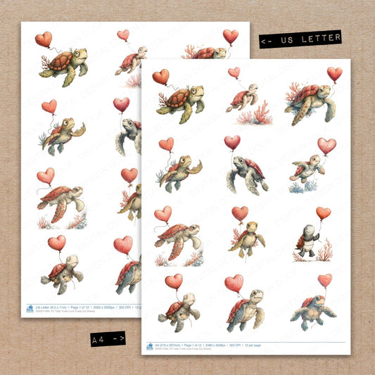 A4 and US Letter format comparison showing Tatty Turtle Love fussy cut pages for print and cut crafting