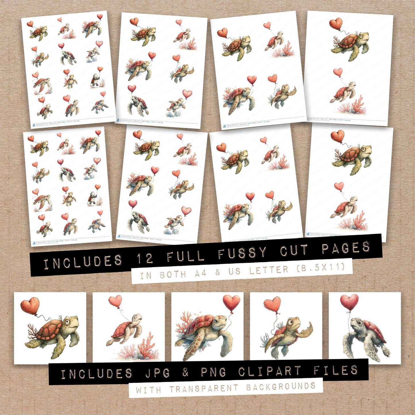 Full collection view of Tatty Turtle Love fussy cut sheets with bonus clipart JPG and PNG files