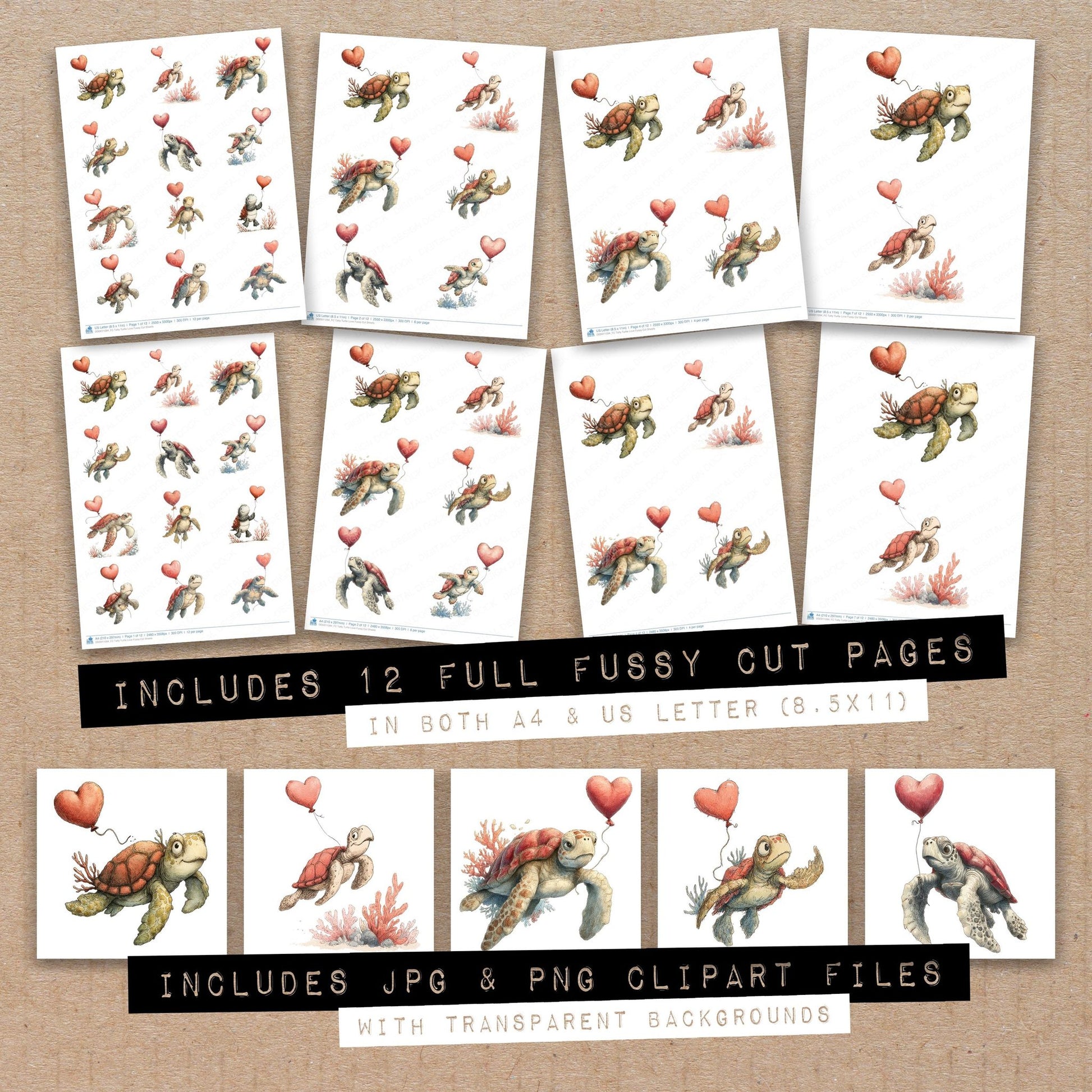 Full collection view of Tatty Turtle Love fussy cut sheets with bonus clipart JPG and PNG files