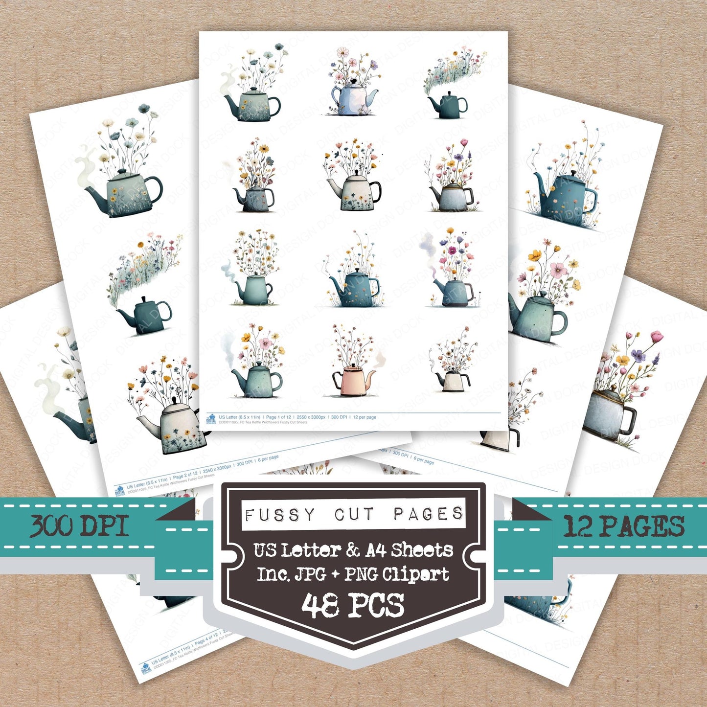 Tea Kettle Wildflowers fussy cut printable sheets for junk journaling, scrapbooking, and paper craft projects