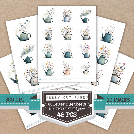Tea Kettle Wildflowers fussy cut printable sheets for junk journaling, scrapbooking, and paper craft projects