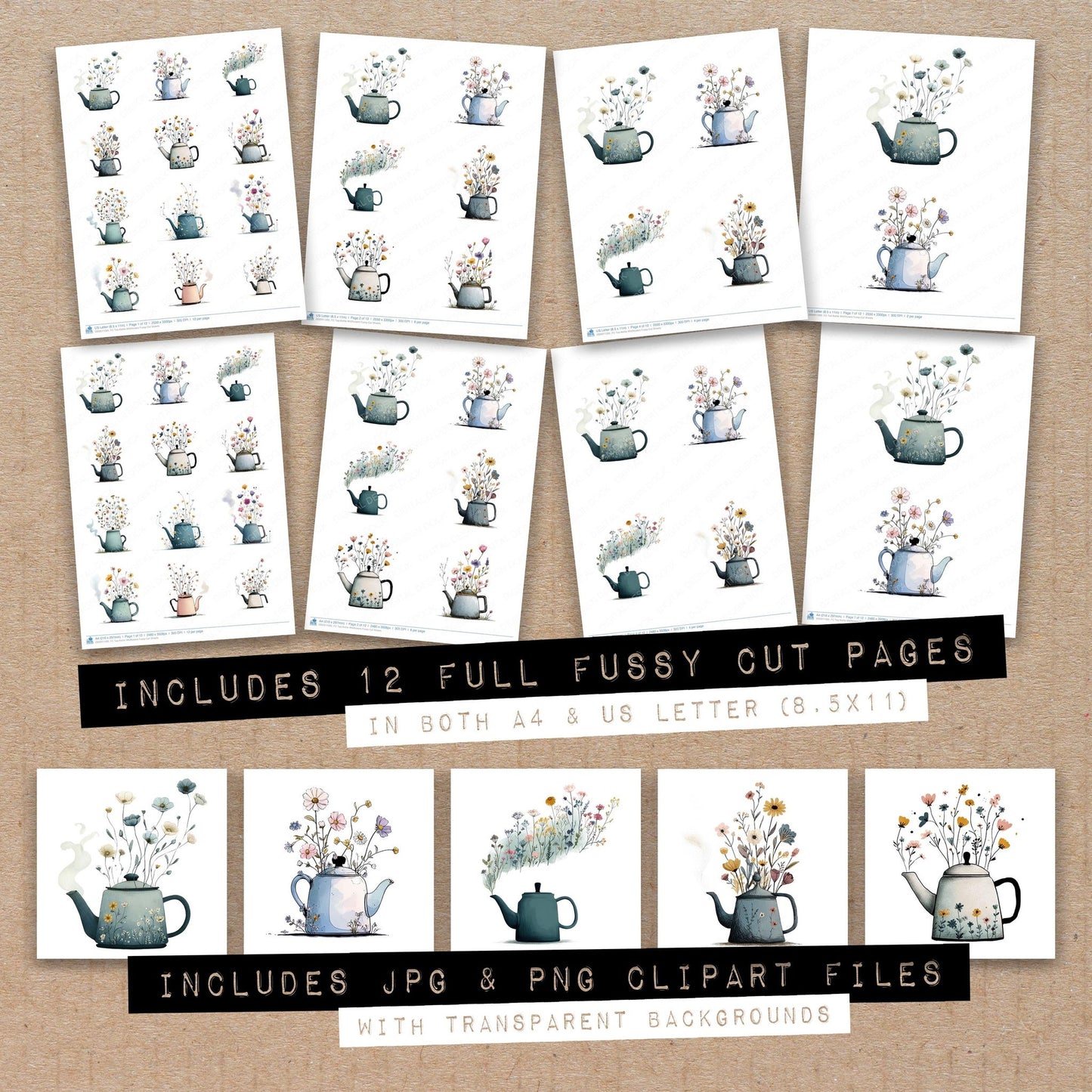Full collection view of Tea Kettle Wildflowers fussy cut sheets with bonus clipart JPG and PNG files