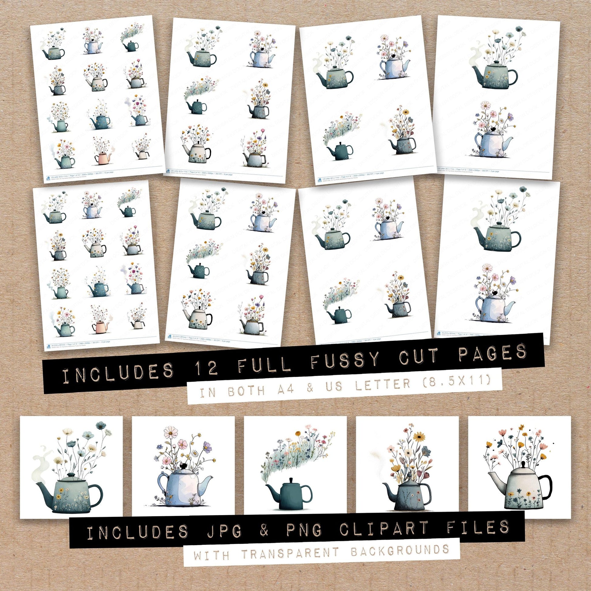 Full collection view of Tea Kettle Wildflowers fussy cut sheets with bonus clipart JPG and PNG files