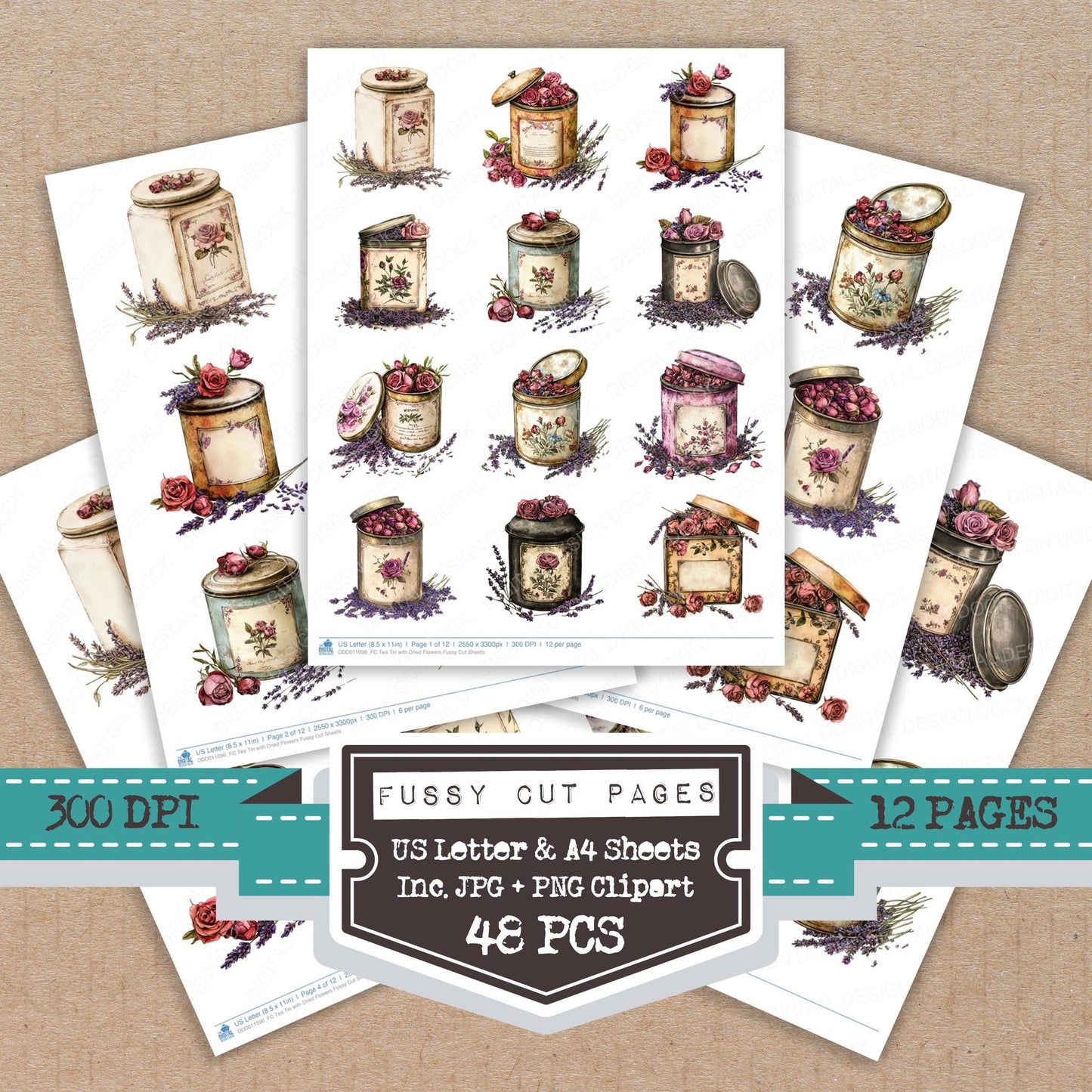 Tea Tin with Dried Flowers fussy cut printable sheets for junk journaling, scrapbooking, and paper craft projects